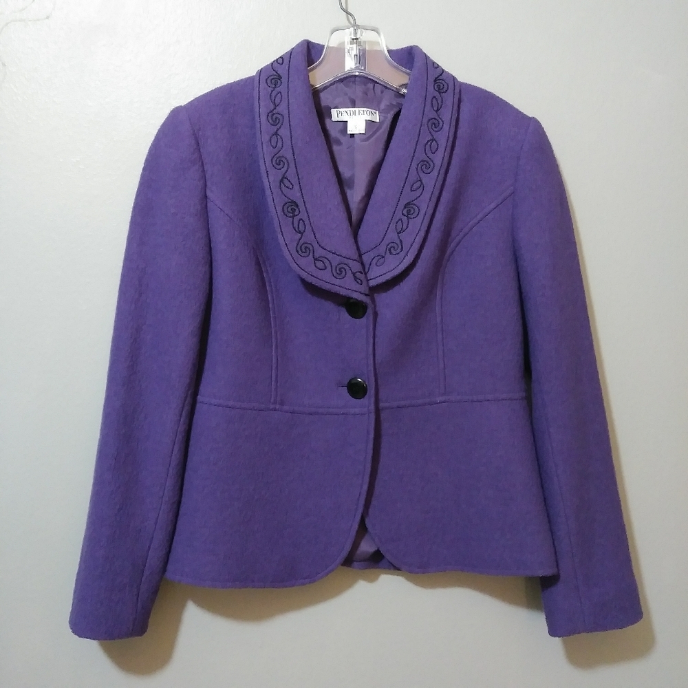 Pendleton Merino Wool Fitted Blazer Purple with Black Embroidery Jacket Small